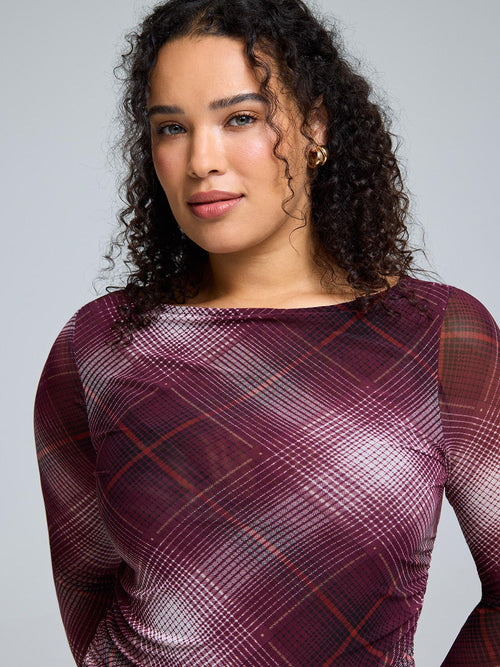 Plaid Boat Neck Mesh Top