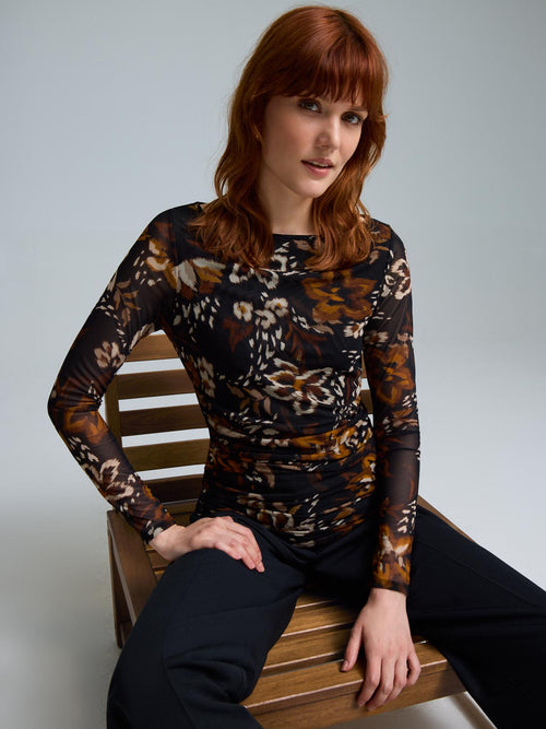 Floral Boat Neck Mesh Top