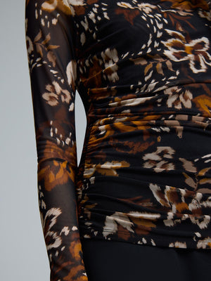 Floral Boat Neck Mesh Top Black