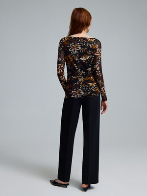 Floral Boat Neck Mesh Top Black