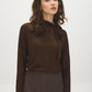 Coffee Bean Jacquard Knit Mock Neck Tunic - Woman Wearing Long Sleeve Top with Scarf Detail - Suzy Shier