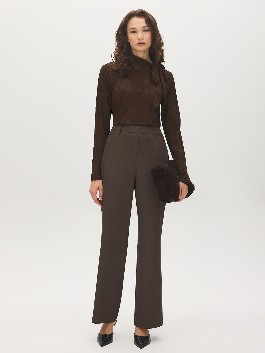 Coffee Bean Jacquard Knit Mock Neck Tunic - Woman Wearing Long Sleeve Top with Scarf Detail - Suzy Shier