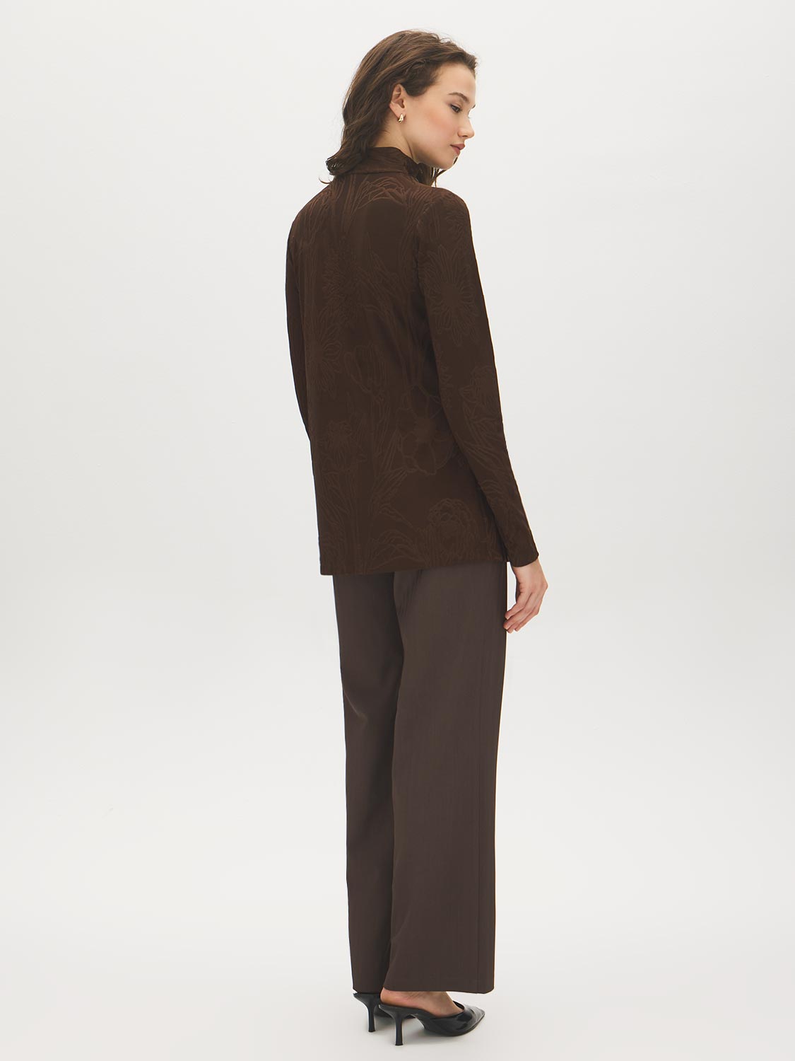 Coffee Bean Jacquard Knit Mock Neck Tunic - Woman Wearing Long Sleeve Top with Scarf Detail - Suzy Shier