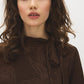 Coffee Bean Jacquard Knit Mock Neck Tunic - Woman Wearing Long Sleeve Top with Scarf Detail - Suzy Shier