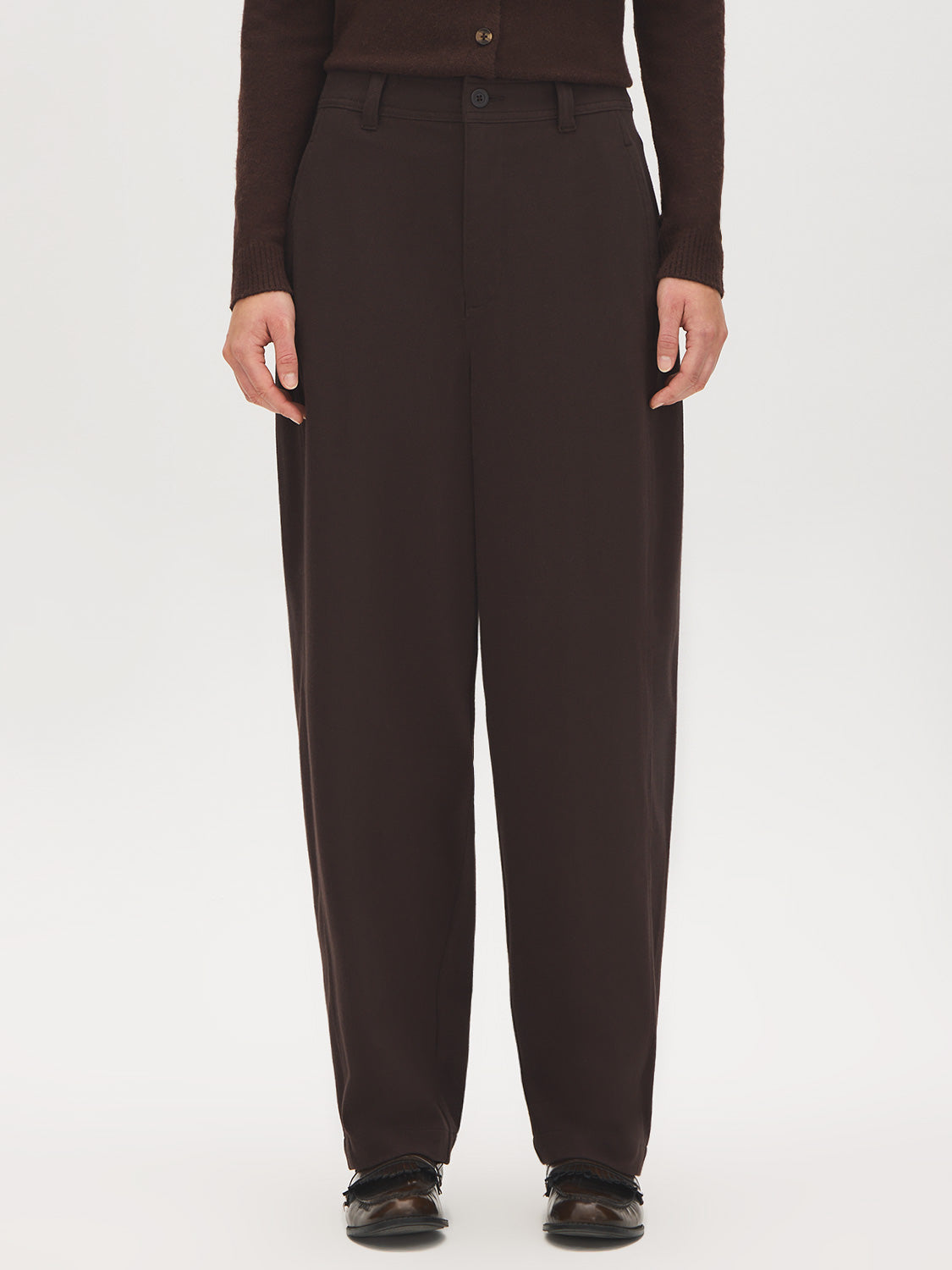 Coffee Bean High-Rise Barrel Leg Knit Pants - Woman Wearing Casual Knit Pants - Suzy Shier