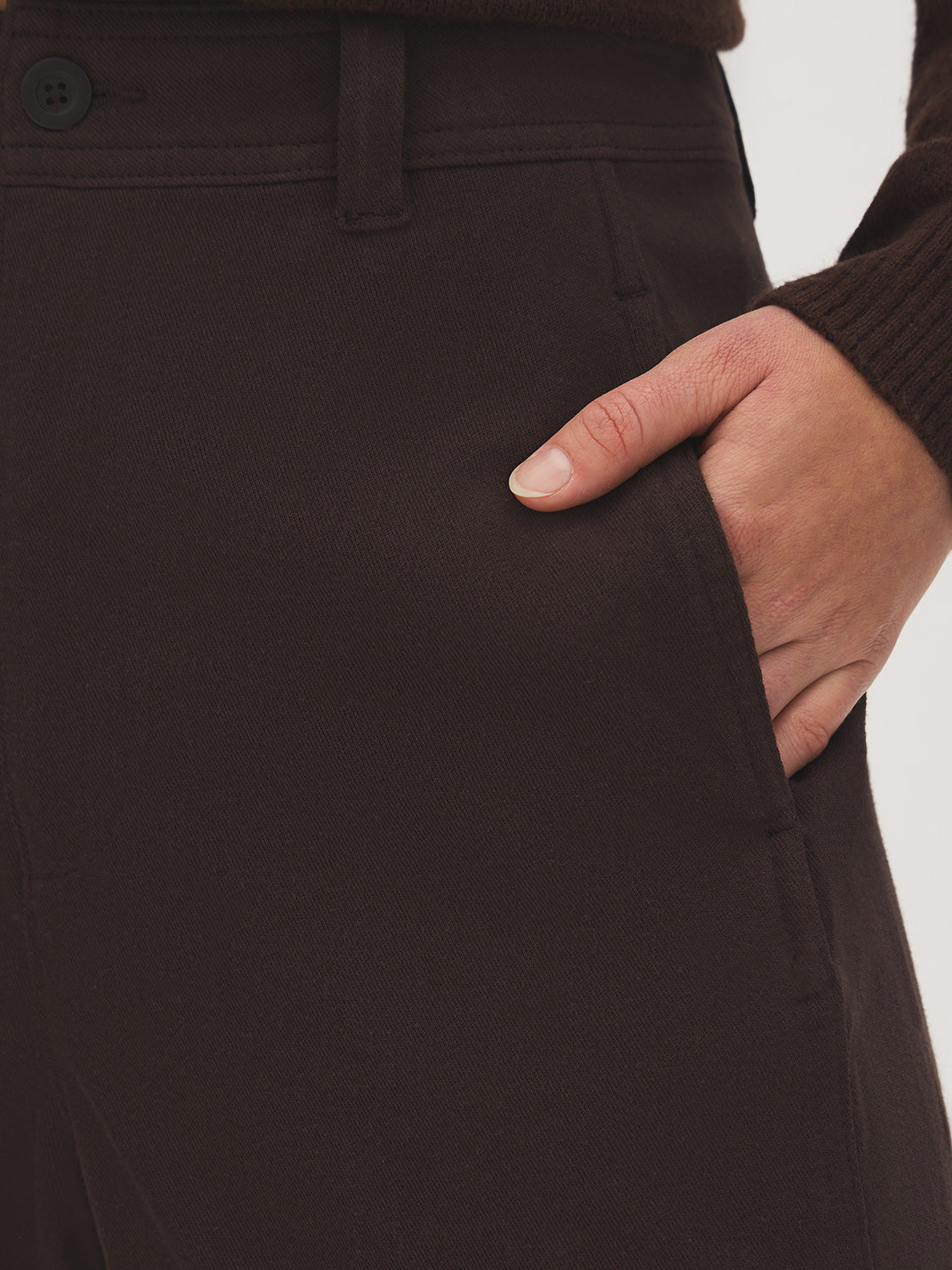 Coffee Bean High-Rise Barrel Leg Knit Pants - Woman Wearing Casual Knit Pants - Suzy Shier