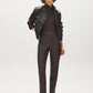 Coffee Bean Faux Leather Slim Leg Pull-On Pant - Woman Wearing Sleek Faux Leather Trousers - Suzy Shier
