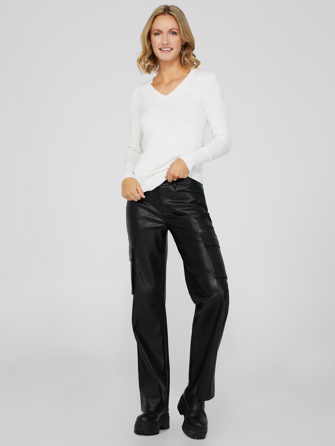 Faux Leather Straight Leg Pants With Cargo Pockets