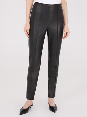 Faux Leather Front Pintuck Pants Black