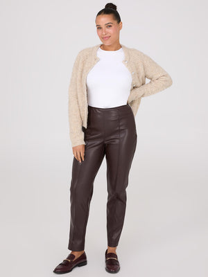 Faux Leather Front Pintuck Pants Dk Brown