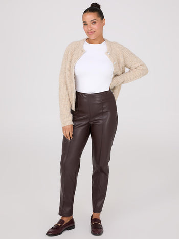 Faux Leather Front Pintuck Pants Dk Brown