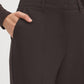 Brown Front Zip Trousers with Elastic Back - Woman Wearing Tailored Pants with Slanted Pockets - Suzy Shier