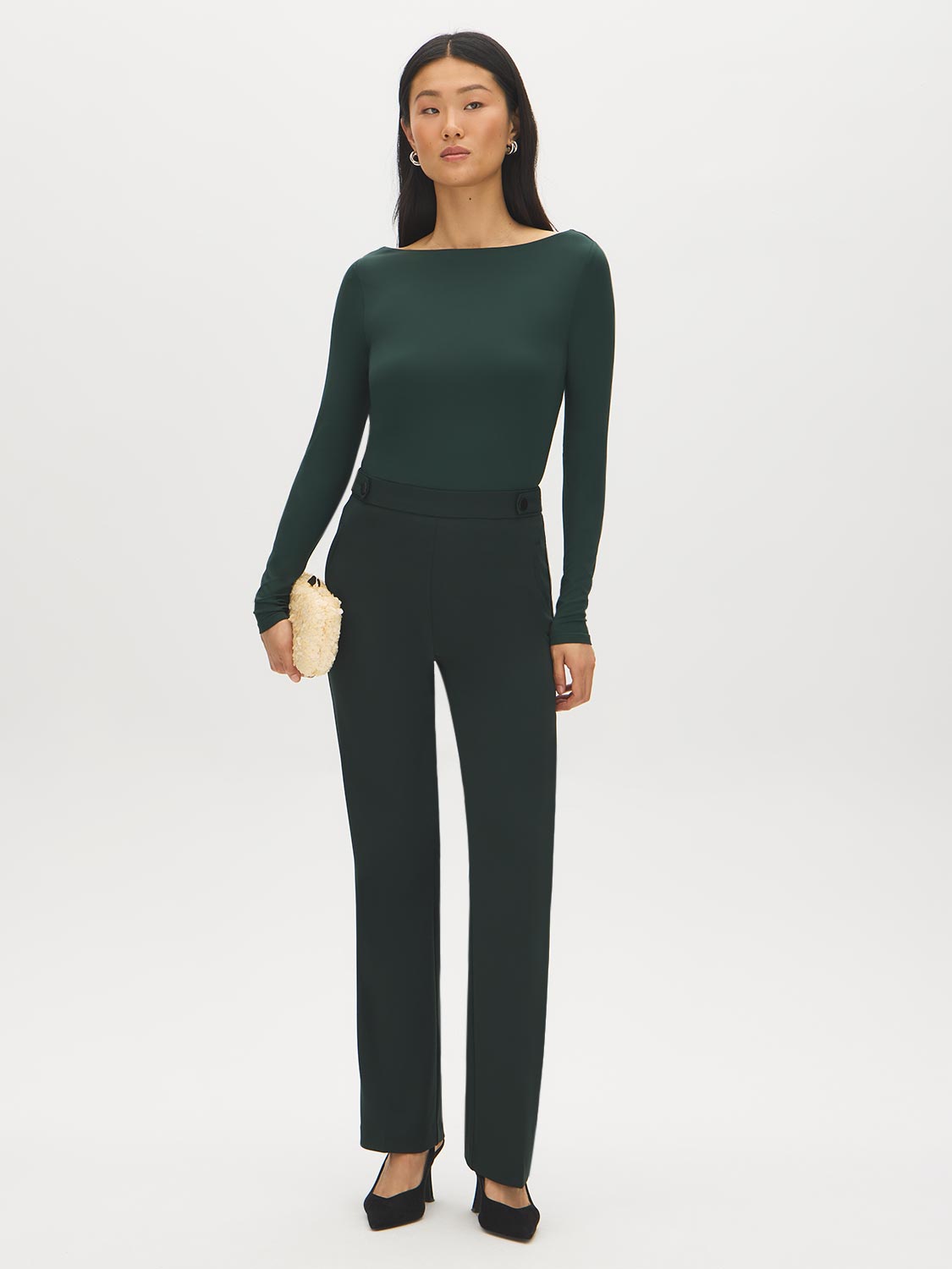 Dk Green Pull-On Straight Leg Pant with Waist Tabs - Woman Wearing Clean Front Trousers - Suzy Shier