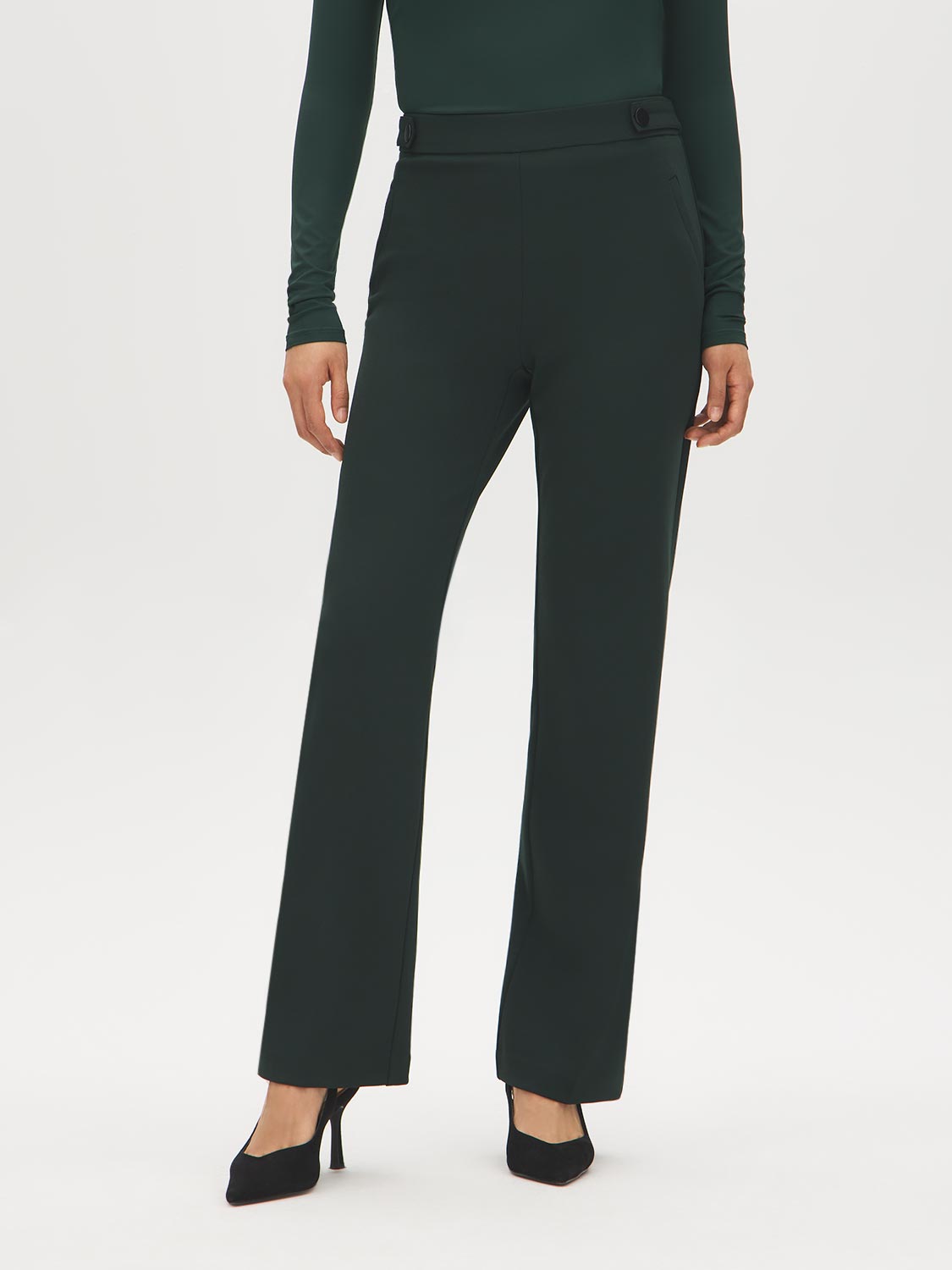 Dk Green Pull-On Straight Leg Pant with Waist Tabs - Woman Wearing Clean Front Trousers - Suzy Shier