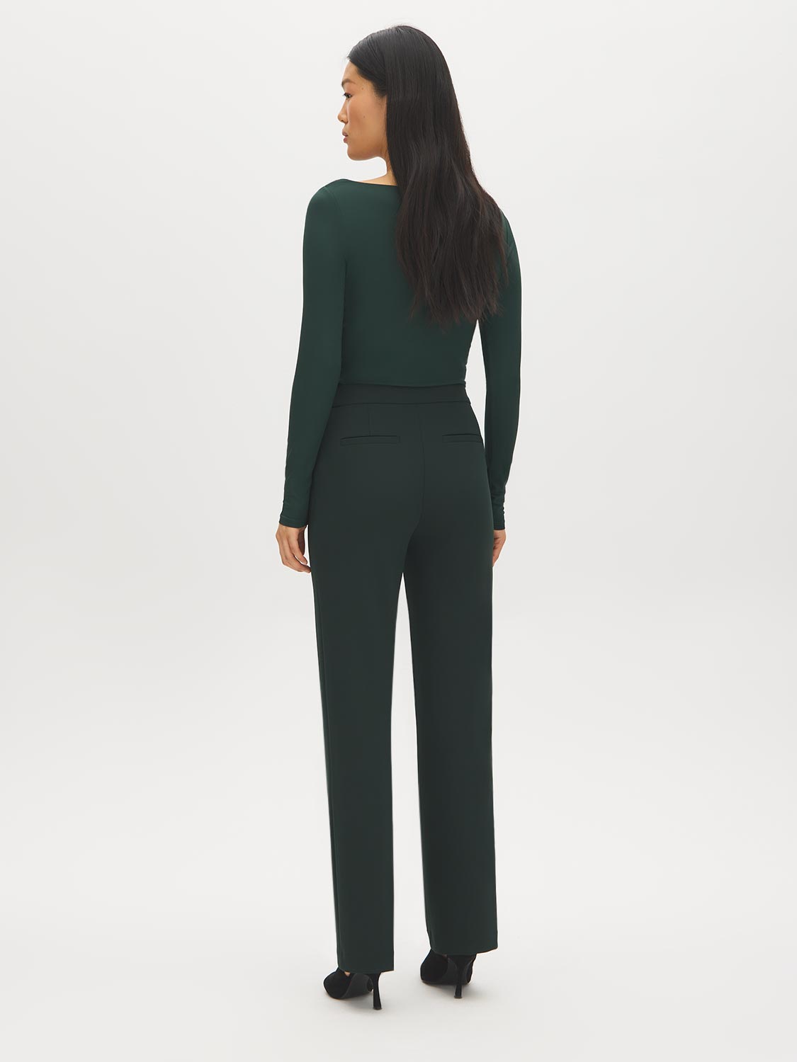 Dk Green Pull-On Straight Leg Pant with Waist Tabs - Woman Wearing Clean Front Trousers - Suzy Shier