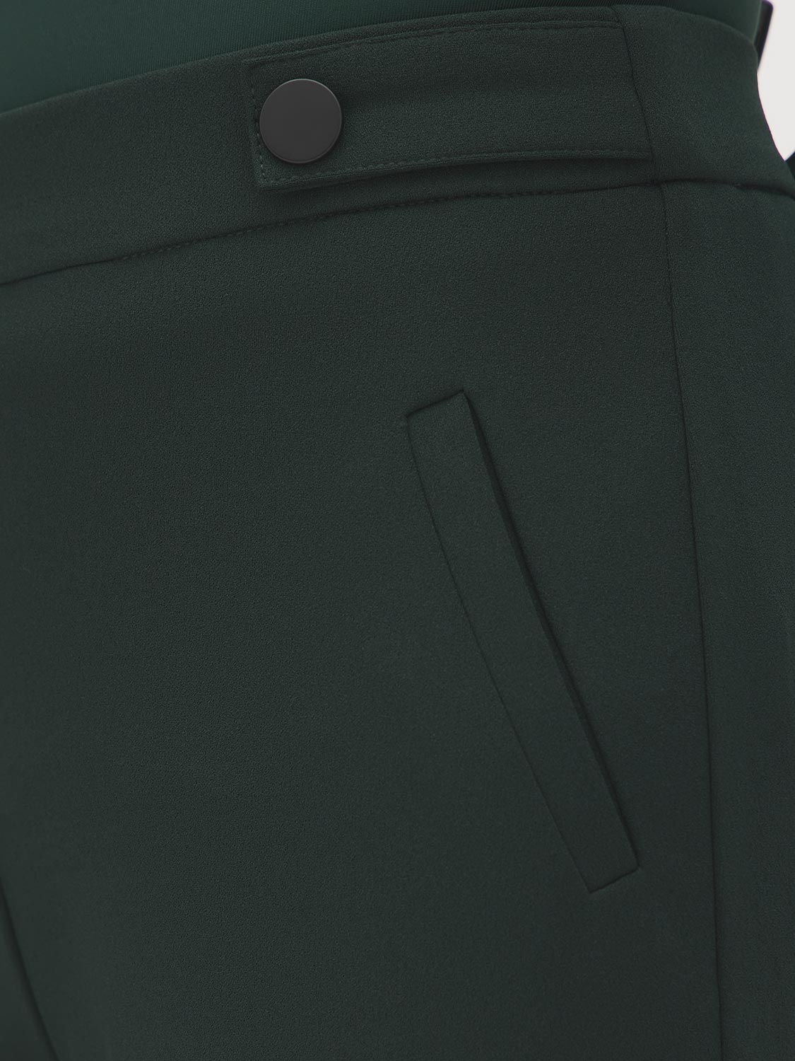 Dk Green Pull-On Straight Leg Pant with Waist Tabs - Woman Wearing Clean Front Trousers - Suzy Shier
