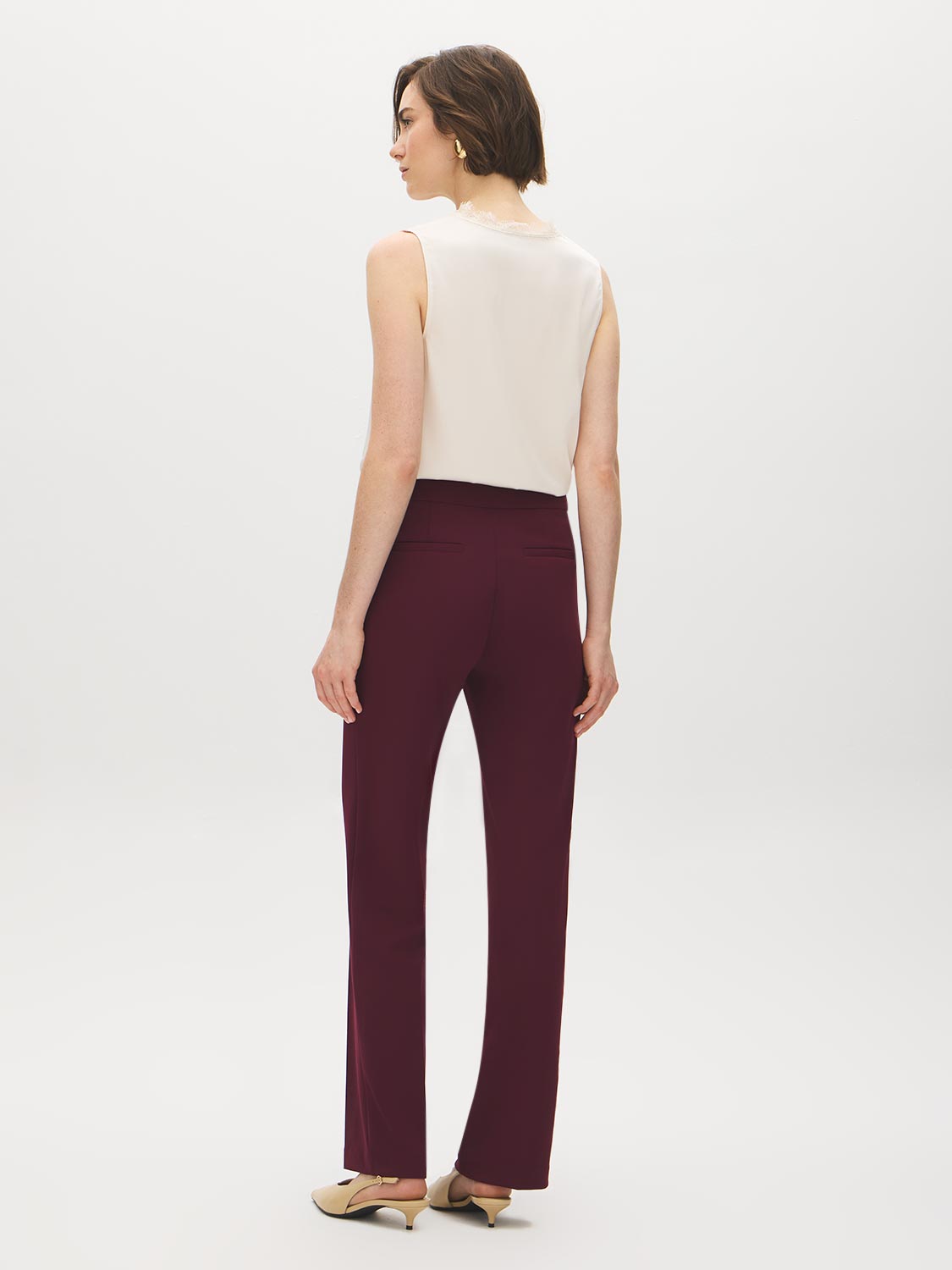 Merlot Pull-On Straight Leg Pant with Waist Tabs - Woman Wearing Clean Front Trousers - Suzy Shier