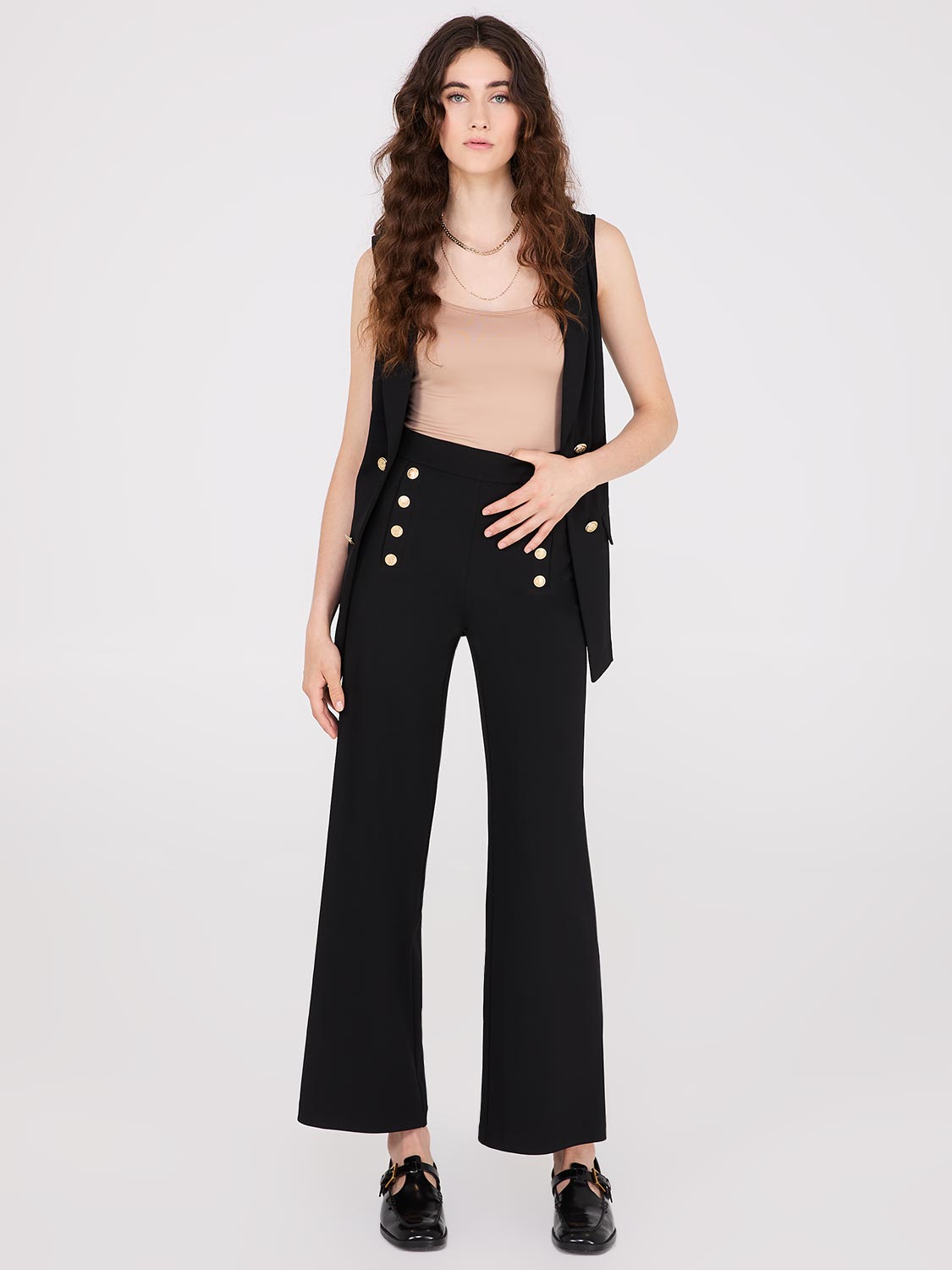 Wide-Leg Pants With Gold Button Details – Suzy Shier