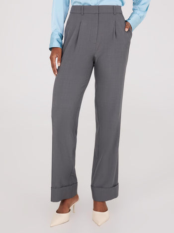 Pleated Wide-Leg Long Length Pants With Cuff Dk Grey