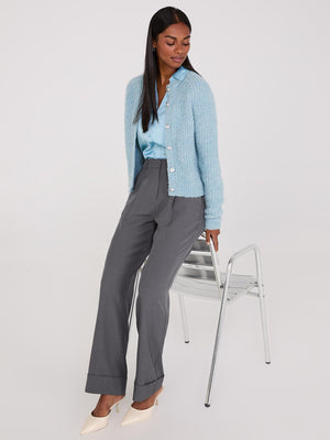 Pleated Wide-Leg Long Length Pants With Cuff Dk Grey