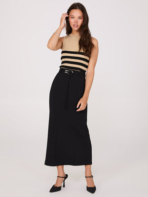 Belted Front Pintuck Column Skirt Black