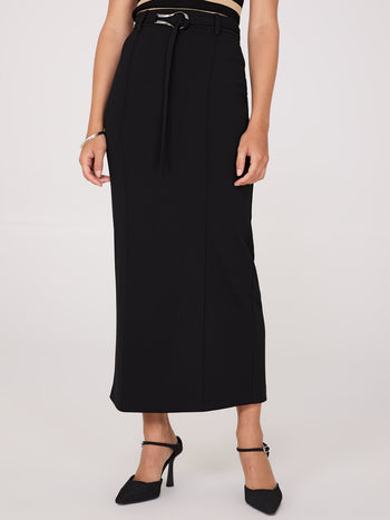 Belted Front Pintuck Column Skirt Black