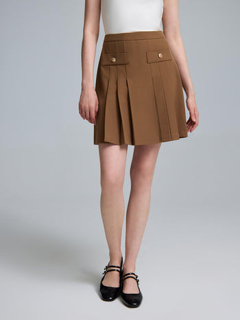 Front Pleated Mini Skirt Amber Brown