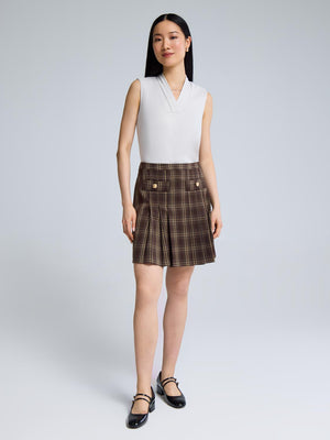 Front Pleated Plaid Mini Skirt Dk Brown