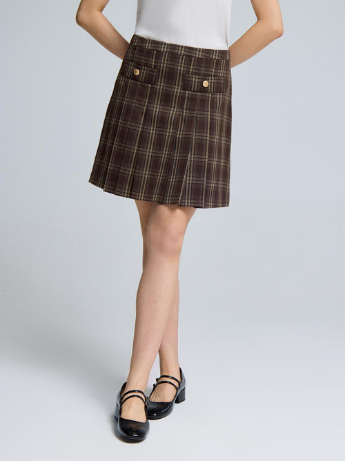 Front Pleated Plaid Mini Skirt