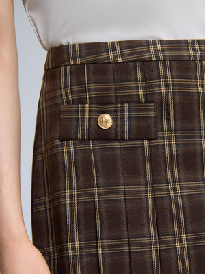 Front Pleated Plaid Mini Skirt Dk Brown