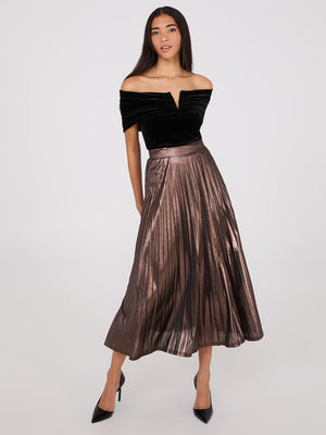 Midi Foil Pleated Skirt Bronze