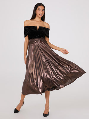 Midi Foil Pleated Skirt Bronze