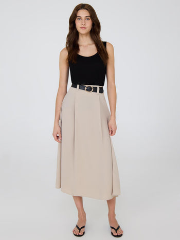 Belted A-Line Satin Skirt Beige