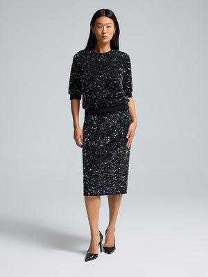 Jupe mi-longue en velours à paillettes Black