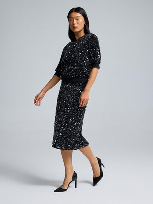 Jupe mi-longue en velours à paillettes Black