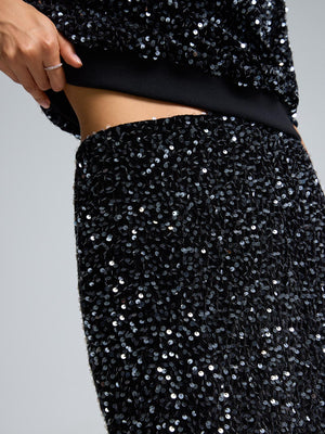 Jupe mi-longue en velours à paillettes Black