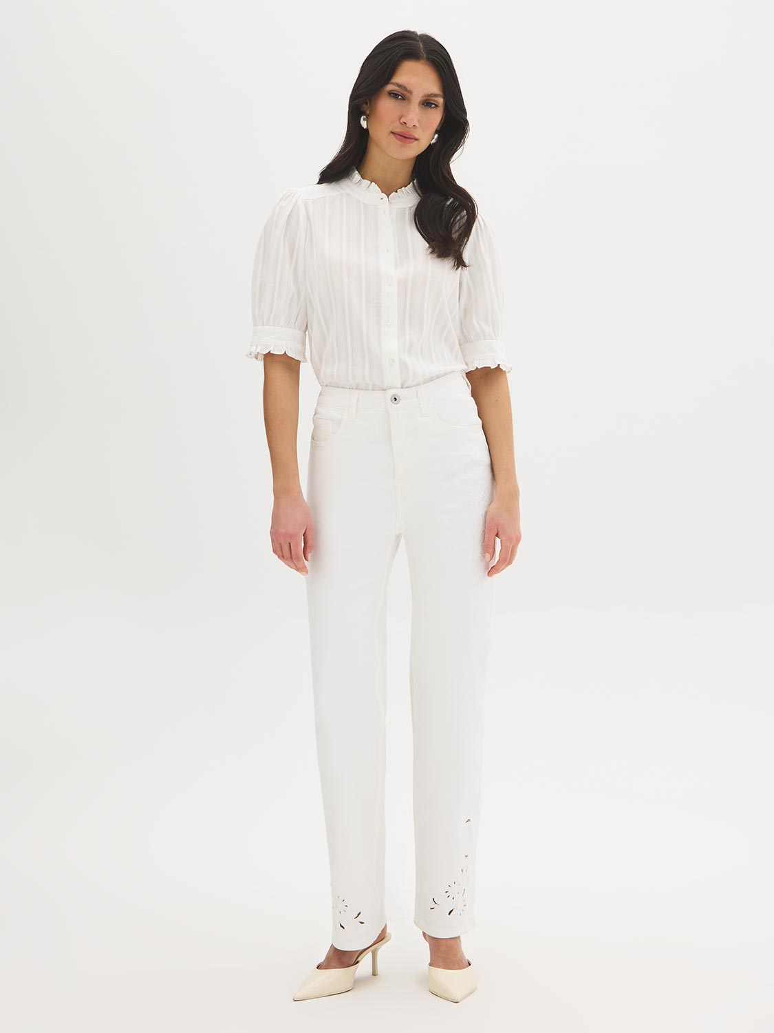 White Embroidered Straight Leg Denim Pant - Woman Wearing Casual Denim Trousers - Suzy Shier