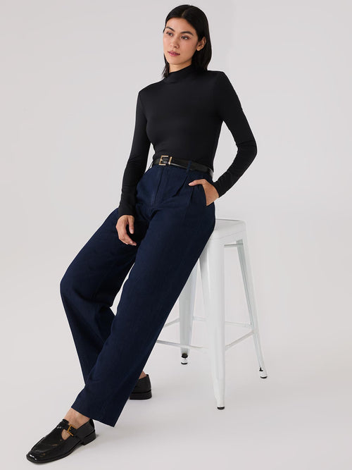 Pleated Wide-Leg Denim Pants