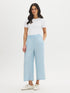 Light Wash Stripe Denim Tencel Gaucho Pant - Woman Wearing Wide-Leg Pants with Smocked Waistband - Suzy Shier