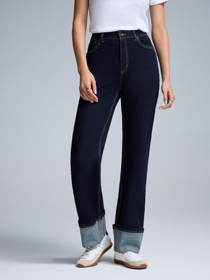 Wide Cuff Straight-Leg Jeans Dk Denim Blue
