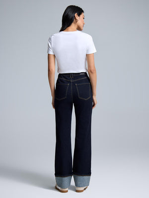 Wide Cuff Straight-Leg Jeans Dk Denim Blue