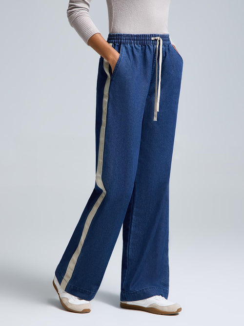 Drawstring Wide-Leg Denim Pants