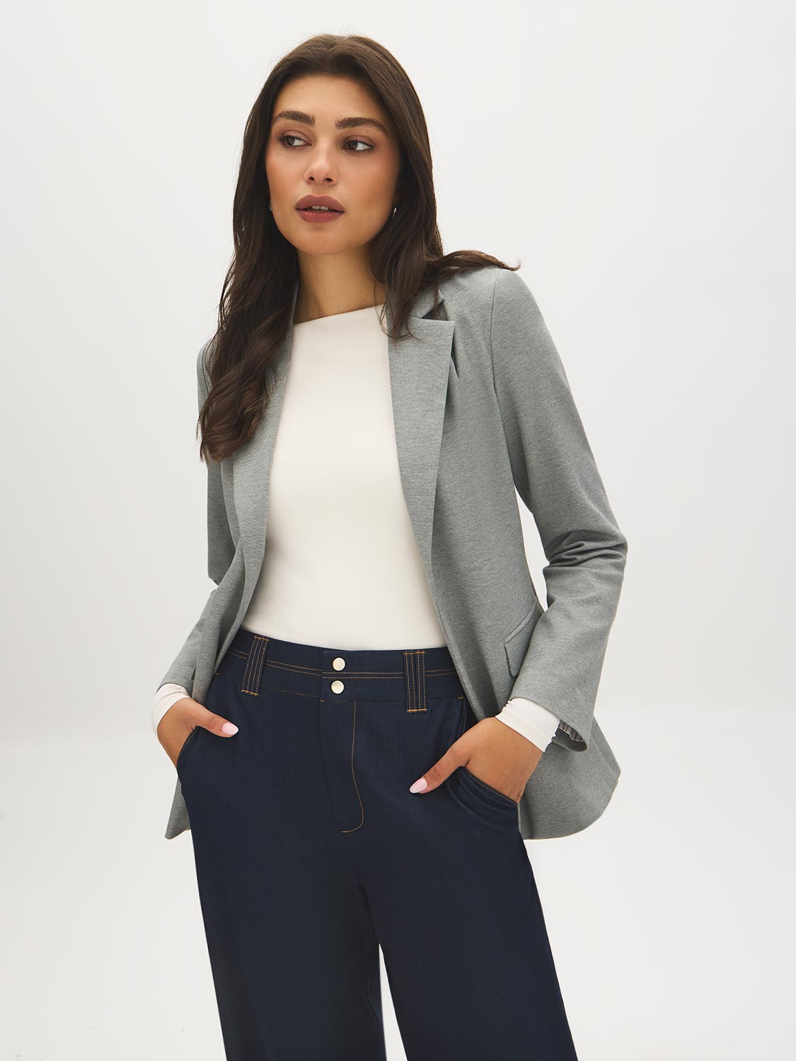 Grey Notch Collar Knit Blazer with Stripe Cuff - Woman Wearing Tailored Blazer with Flap Pockets - Suzy Shier
