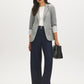 Grey Notch Collar Knit Blazer with Stripe Cuff - Woman Wearing Tailored Blazer with Flap Pockets - Suzy Shier