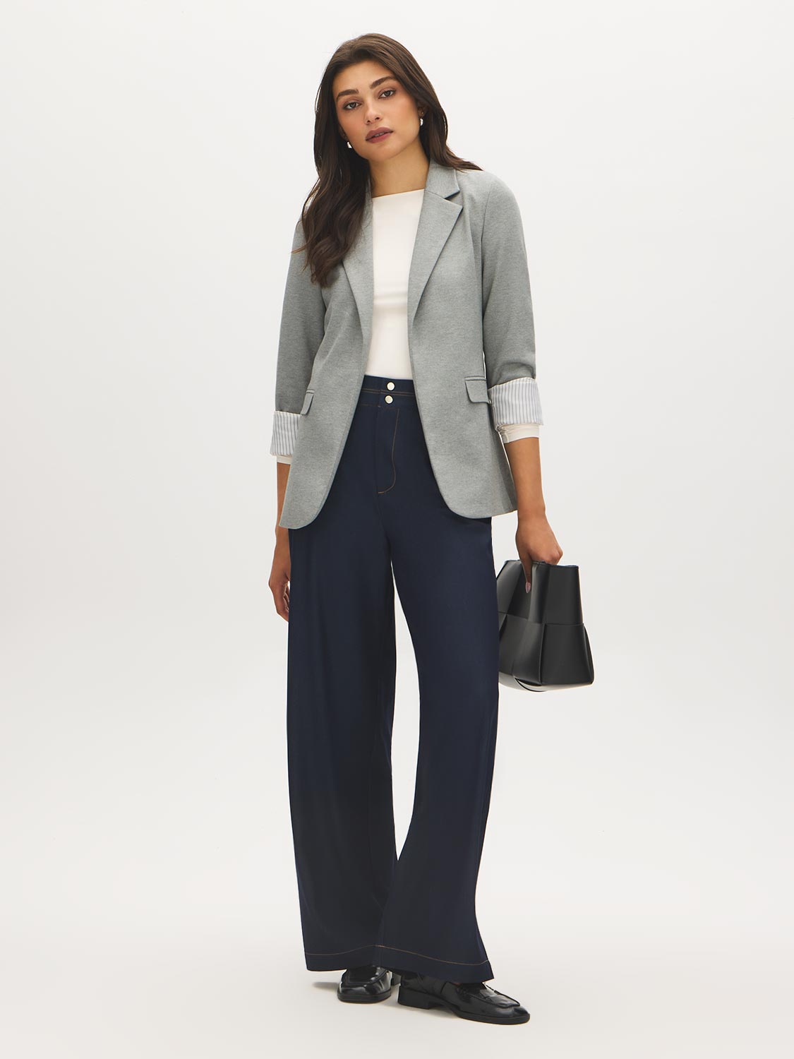 Grey Notch Collar Knit Blazer with Stripe Cuff - Woman Wearing Tailored Blazer with Flap Pockets - Suzy Shier
