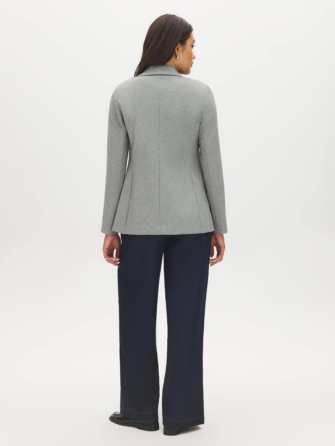 Grey Notch Collar Knit Blazer with Stripe Cuff - Woman Wearing Tailored Blazer with Flap Pockets - Suzy Shier