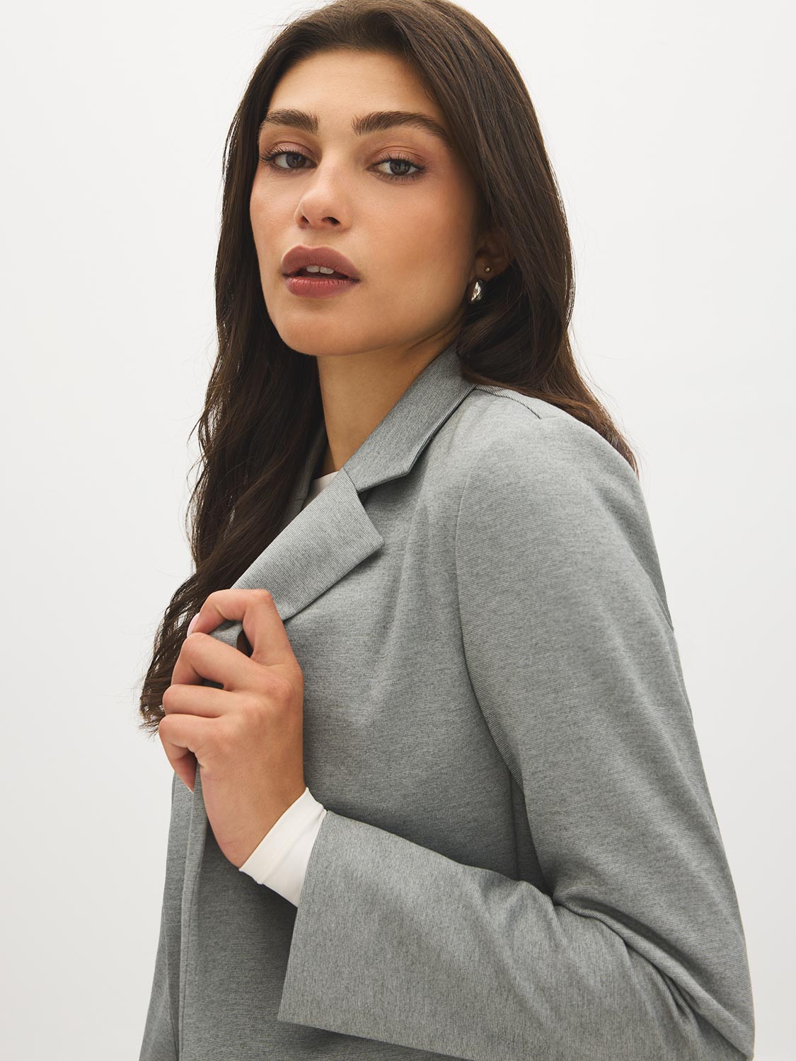 Grey Notch Collar Knit Blazer with Stripe Cuff - Woman Wearing Tailored Blazer with Flap Pockets - Suzy Shier