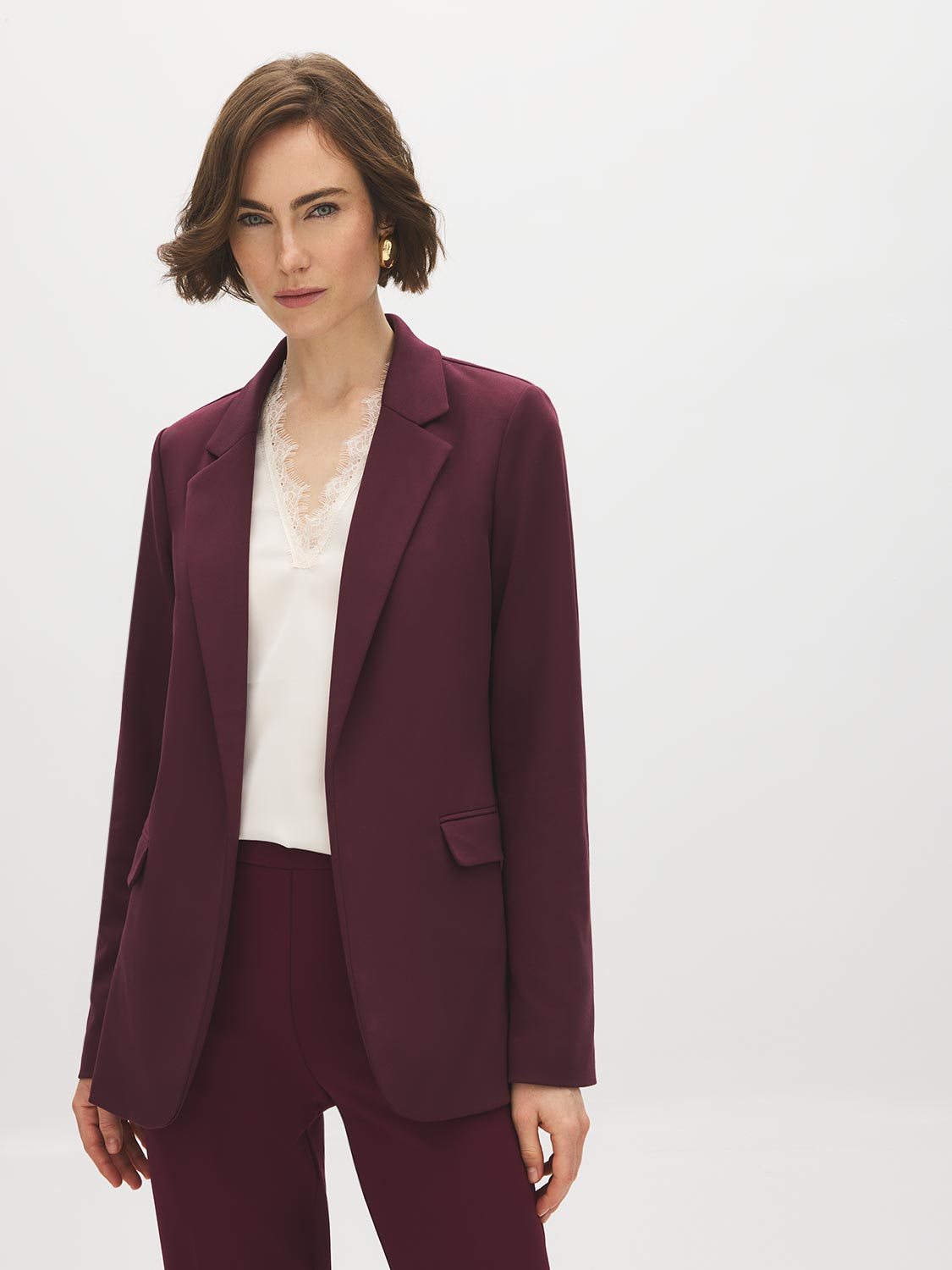 Merlot Open-Front Blazer with Stripe Cuff Detail - Woman Wearing Tailored Knit Blazer - Suzy Shier
