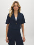 Dark Sapphire Cropped Short Sleeve Blazer - Woman Wearing Fitted Blazer with Notch Collar - Suzy Shier