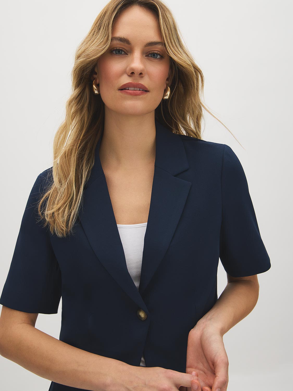 Dark Sapphire Cropped Short Sleeve Blazer - Woman Wearing Fitted Blazer with Notch Collar - Suzy Shier